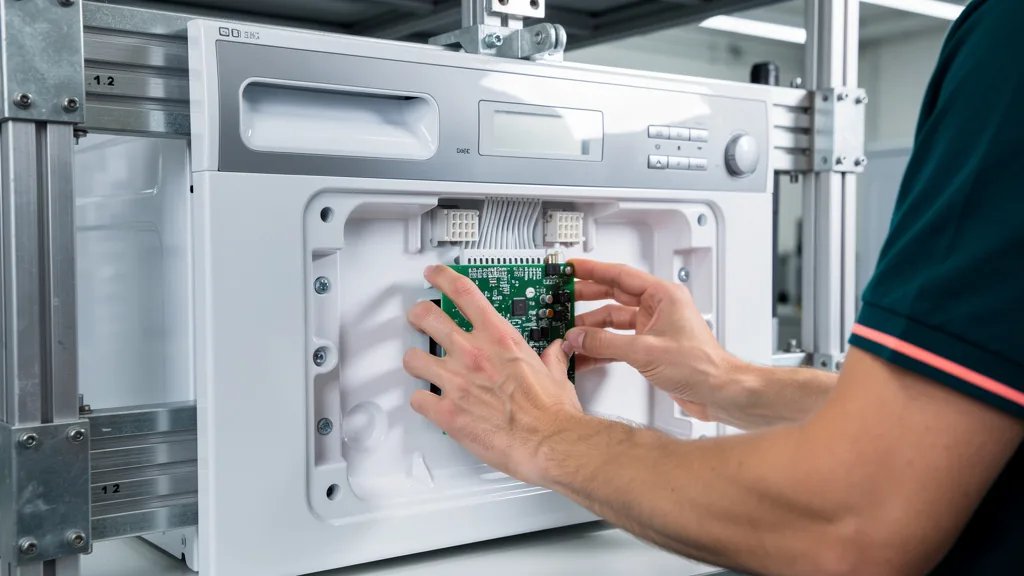 Technician seating a control board into an appliance housing