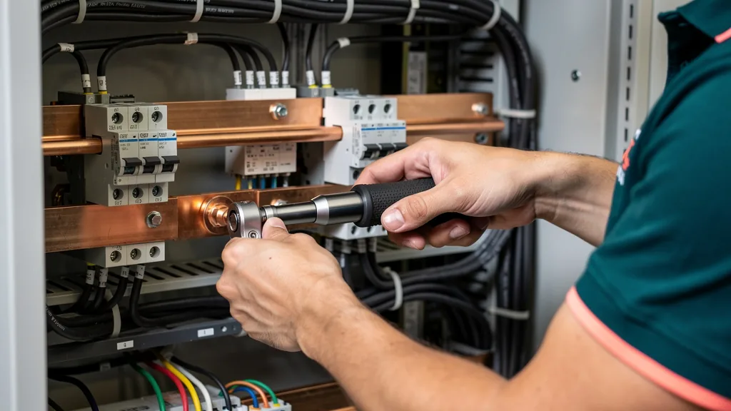 Technician torquing a power cabinet bus-bar connection