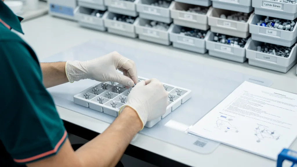 Gloved hands assembling medical device components