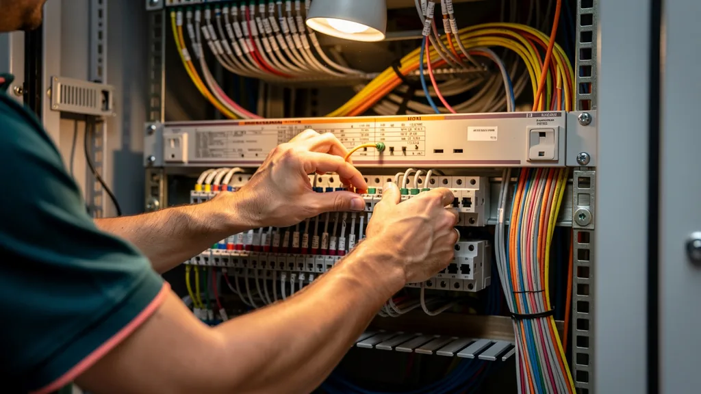 Technician wiring a telecom patch panel