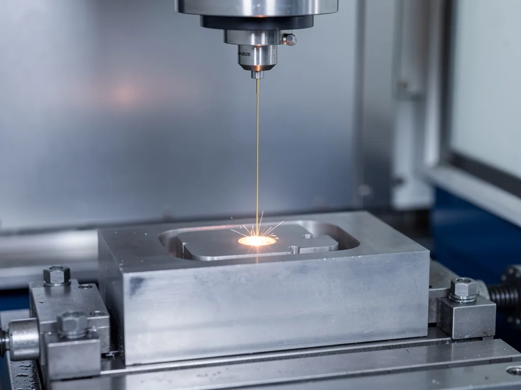 Wire EDM cutting a contour into a hardened steel block