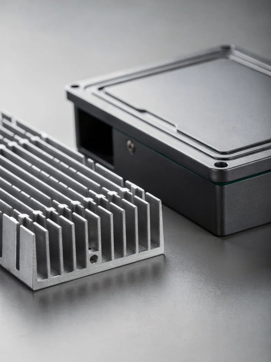 Machined aluminum heat sink and an anodized EMI enclosure