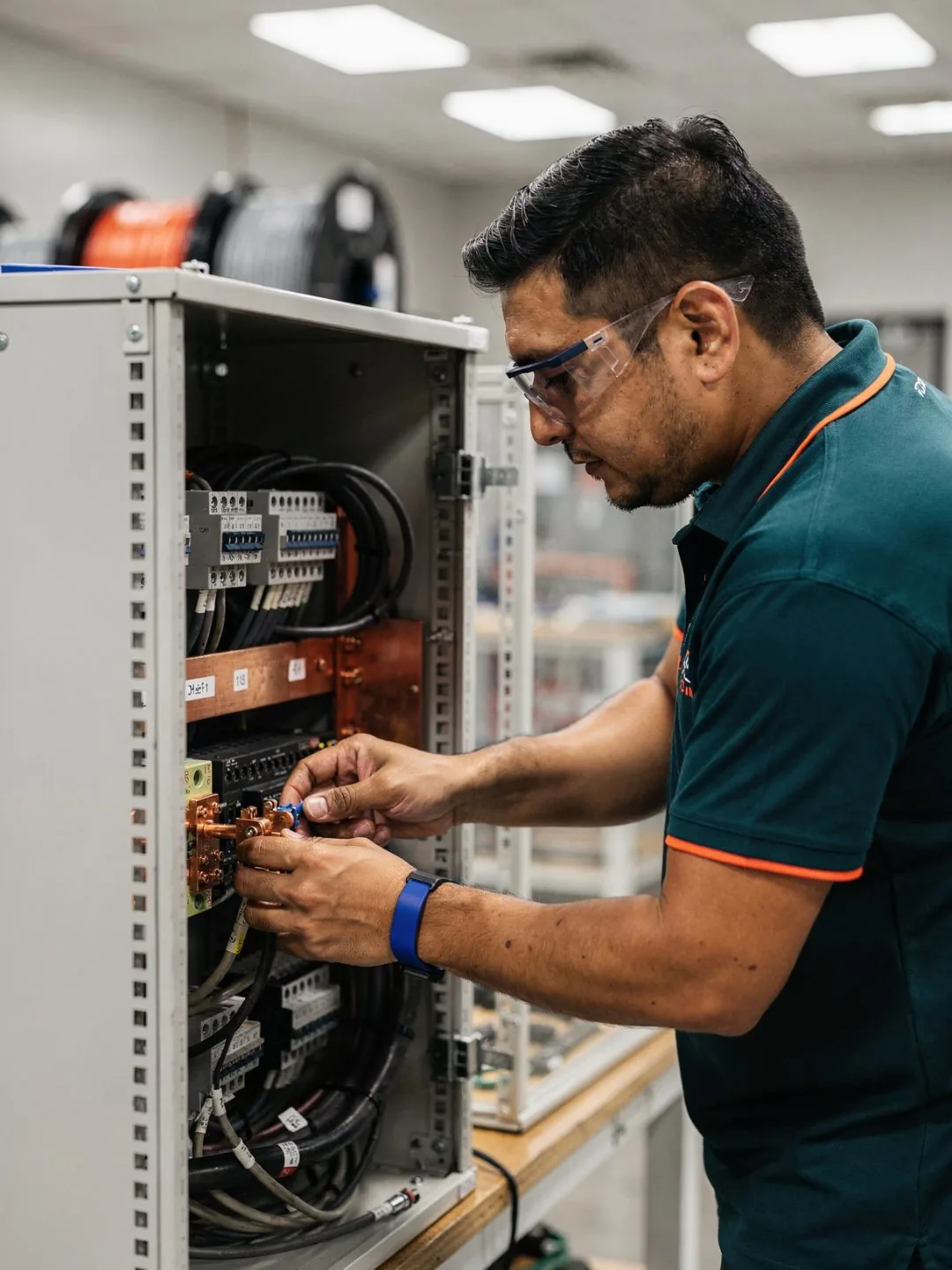 Technician wiring an energy equipment cabinet with bus bars and power cabling