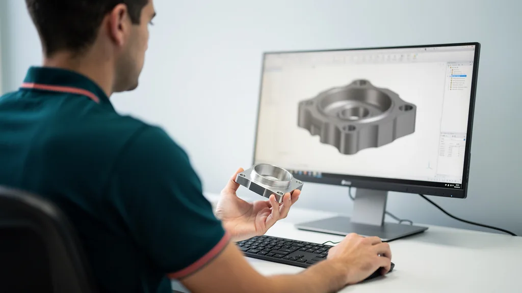 Engineer reviewing a CAD model against a machined part